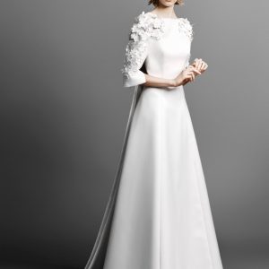 VER225 Flower Sleeves Satin Wedding Dress